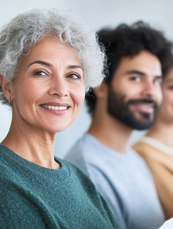 Portrait of a happy senior woman with her family in the backgroundの素材