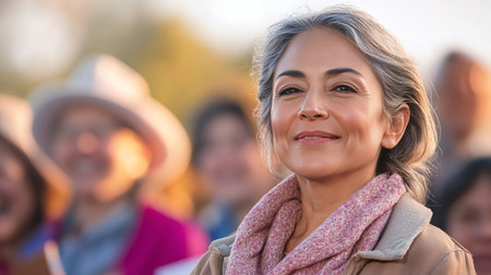 Mature woman standing in front of a group of people in the parkの素材