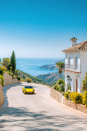 View of the sea and a yellow taxi on the street in Alghero, Italyの素材