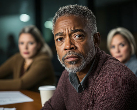 Portrait of mature man looking at camera while colleagues working in backgroundの素材
