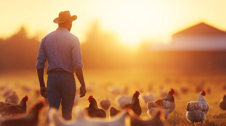 Farmer standing in front of hens on a farm at sunsetの素材