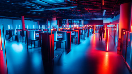 Futuristic server room interior with glowing red neon lights. Network server room concept.の素材