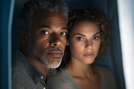 Portrait of sad mature African American man and woman looking at cameraの素材