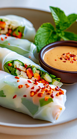 Fresh spring rolls with vegetables and sweet sauce. Selective focus.の素材