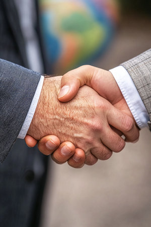 Close up of two businessmen shaking hands with each other on blurred backgroundの素材