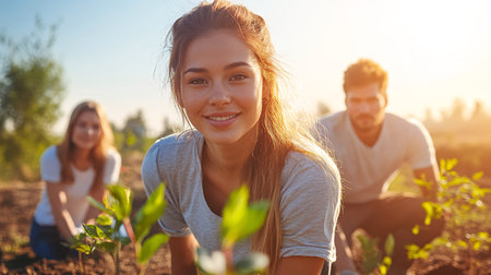 Group of young people planting seedlings in the garden at sunset.の素材