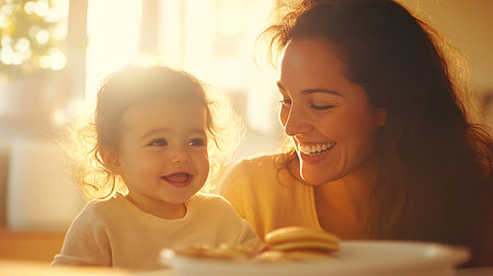 Happy mother and her adorable little daughter eating cookies in cafe at sunsetの素材