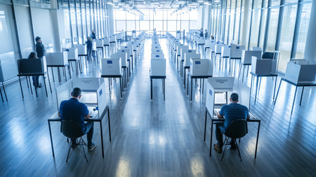 Group of business people working in modern office with computers and documents on table.の素材