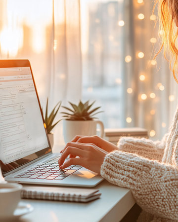 Young woman working on laptop at home. Freelance, remote work concept.の素材