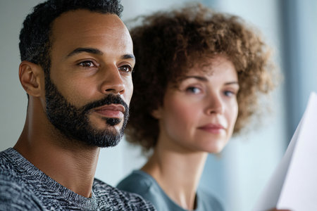 Portrait of young businesspeople looking at camera while standing in officeの素材
