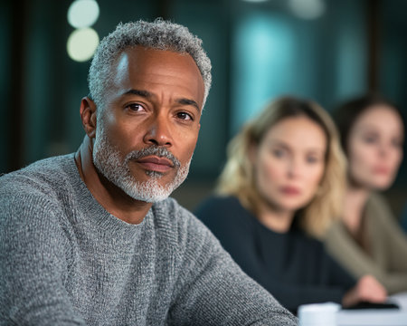 Portrait of serious mature businessman looking at camera with colleagues in background at officeの素材