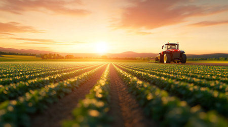 Tractor spraying pesticides on soy field with sprayer at sunset.の素材