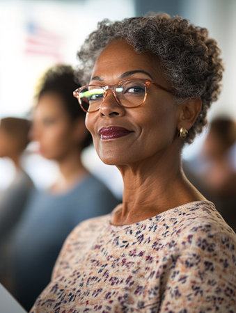 Portrait of smiling senior businesswoman in eyeglasses in officeの素材