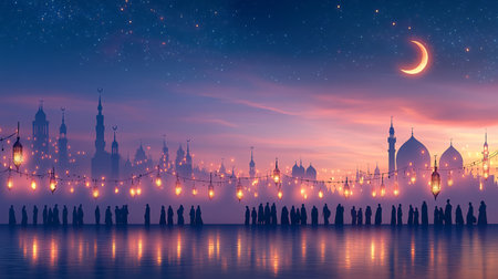 Ramadan Kareem Generous Ramadan background with mosque and people silhouettesの素材
