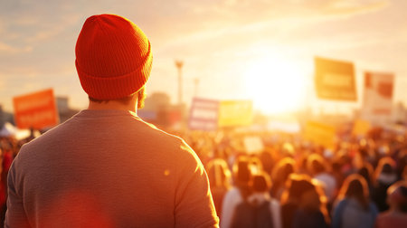 Rear view of a man with a red hat standing in front of the crowd at sunsetの素材