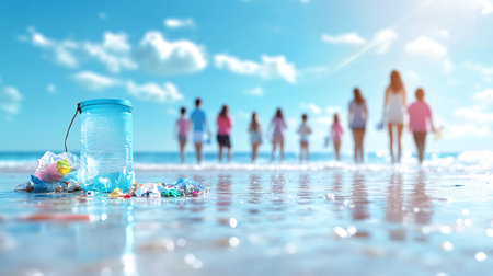 Plastic bottle on the beach with group of people on the backgroundの素材