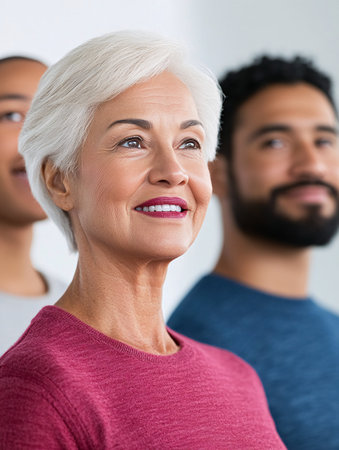 Portrait of a happy senior woman with her family in the backgroundの素材