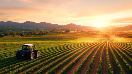 Tractor on the field at sunset. Tractor on the field at sunsetの素材