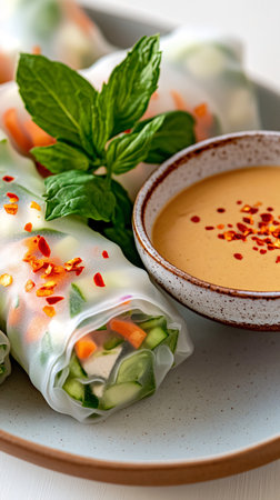 spring rolls with vegetables and spices on a white background. selective focusの素材