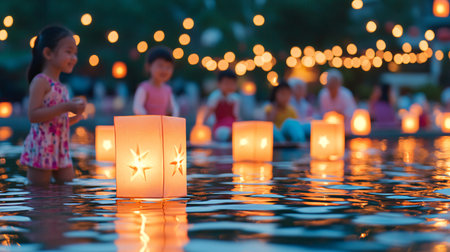 Candle light floating in swimming pool with bokeh background.の素材