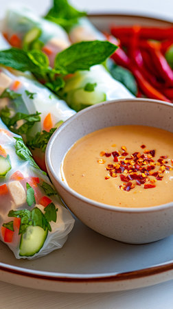 Vegetable spring rolls with spicy dipping sauce, selective focus.の素材