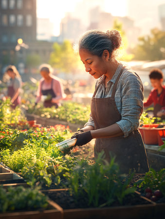 Asian woman gardener working with seedlings in the garden at sunsetの素材
