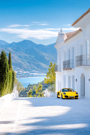 Yellow Lamborghini car on the street of Santorini, Greeceの素材