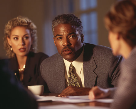 Serious mature African-American man sitting at table and looking at camera during meeting with colleagues in officeの素材