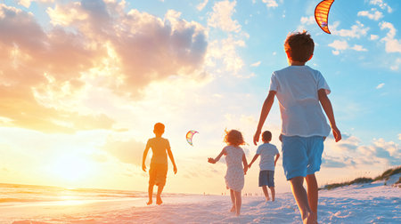 Happy family playing on the beach at the sunset time. Concept of friendly family.の素材