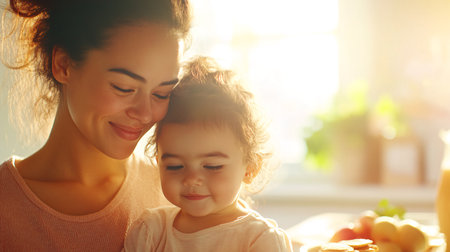 Happy mother and her cute little daughter having breakfast together in the kitchen at homeの素材