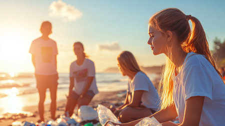 Group of young people collecting plastic waste on the beach at sunset.の素材