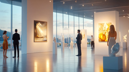 Visitors immerse themselves in diverse intercontinental artworks, enjoying an elegant evening at a modern, well-lit art gallery with sculptures and paintings on display.の素材