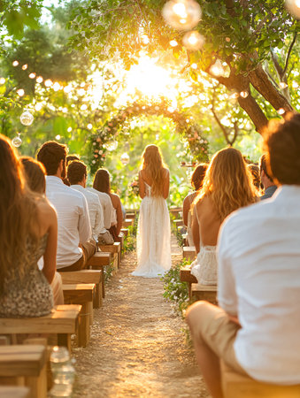 A young woman walks down an outdoor wedding aisle lined with seated guests, surrounded by greenery and soft, glowing lights.の素材
