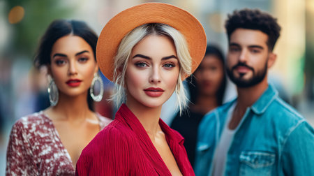 A diverse group of stylish adults enjoying a sunny day in an urban environment, expressing individuality through fashion. Ideal for a lifestyle concept highlighting modern street style and vibrant city life.の素材