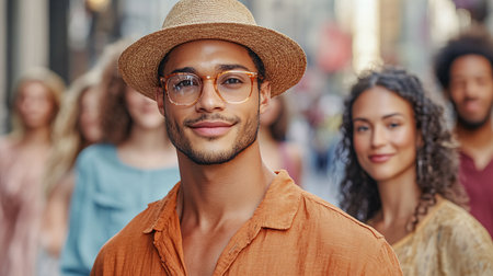 A fashionable group of young adults confidently explore a bustling city street, exuding a vibrant and lively energy that reflects their individuality and contemporary style.の素材