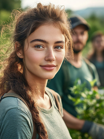 A group of three diverse volunteers in casual clothing works together outdoors, smiling and interacting harmoniously, with greenery in the background, embodying teamwork and a love for nature.の素材