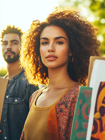 A diverse group of three individuals confidently pose outdoors, showcasing vibrant art pieces under the warm glow of the sun, symbolizing creativity and expression in a serene park environment.の素材