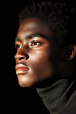 This image captures a young Black man in his 20s, gazing thoughtfully into the distance. He is wearing a black turtleneck sweater, exuding a calm and introspective mood against a dark background.の素材