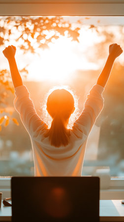 A motivated small business owner raises their arms in triumph by a window, enjoying the morning sunshine, expressing success and motivation in a bright work environment.の素材