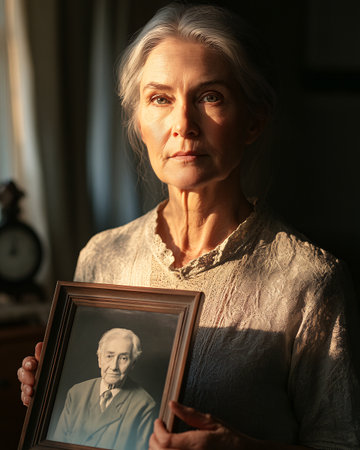 A middle-aged woman stands in soft light, holding a framed black-and-white photo of an elderly man. Her expression is calm and reflective, suggesting a connection to past generations.の素材