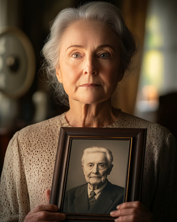 A middle-aged woman stands calmly indoors, holding a framed portrait with a serene expression. The warm lighting and thoughtful atmosphere suggest a moment of reflection or remembrance.の素材