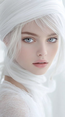 This captivating portrait features a striking young woman in a delicate, white ensemble, exuding elegance and grace. Her intense gaze and soft lighting create a serene and ethereal atmosphere.の素材