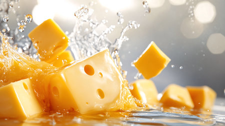 Cubes of cheese dynamically splash in liquid with a sparkling bokeh effect, highlighting their texture and freshness in a vibrant, energetic composition.の素材