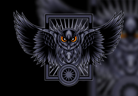 Gothic emblem with an owl on a black background. Vector illustration.のイラスト素材