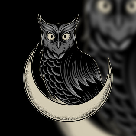 Owl with crescent moon on black background. Vector illustration.のイラスト素材