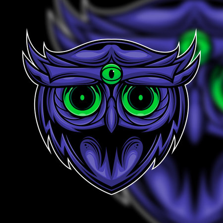 Owl head with green eyes. Vector illustration isolated on black background.のイラスト素材