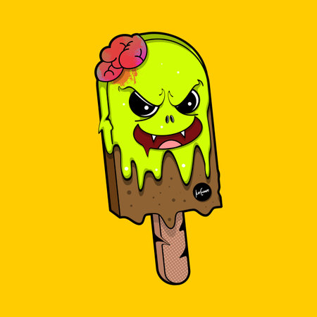 Cute cartoon ice cream on a yellow background. Vector illustration.のイラスト素材