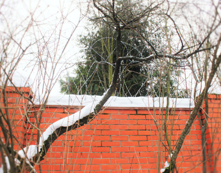 Brick fence with barbed wire selective focusの写真素材