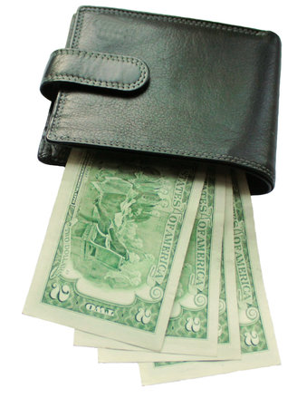 Black Wallet with banknotes two dollars on white backgroundの写真素材