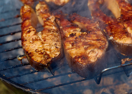 steaks of red fish grillの写真素材